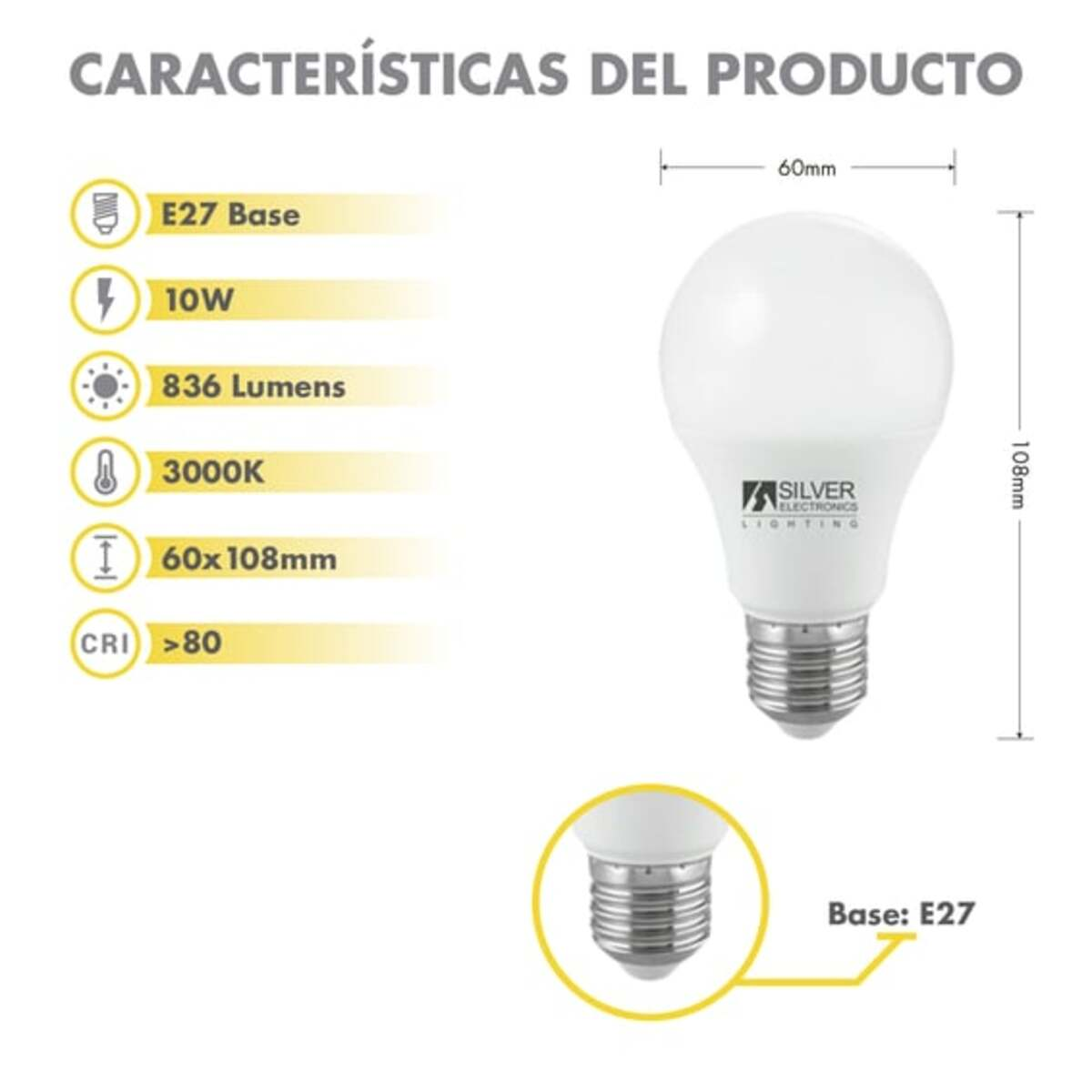 Bombilla con texto que detalla sus características, incluyendo vatios y lúmenes.