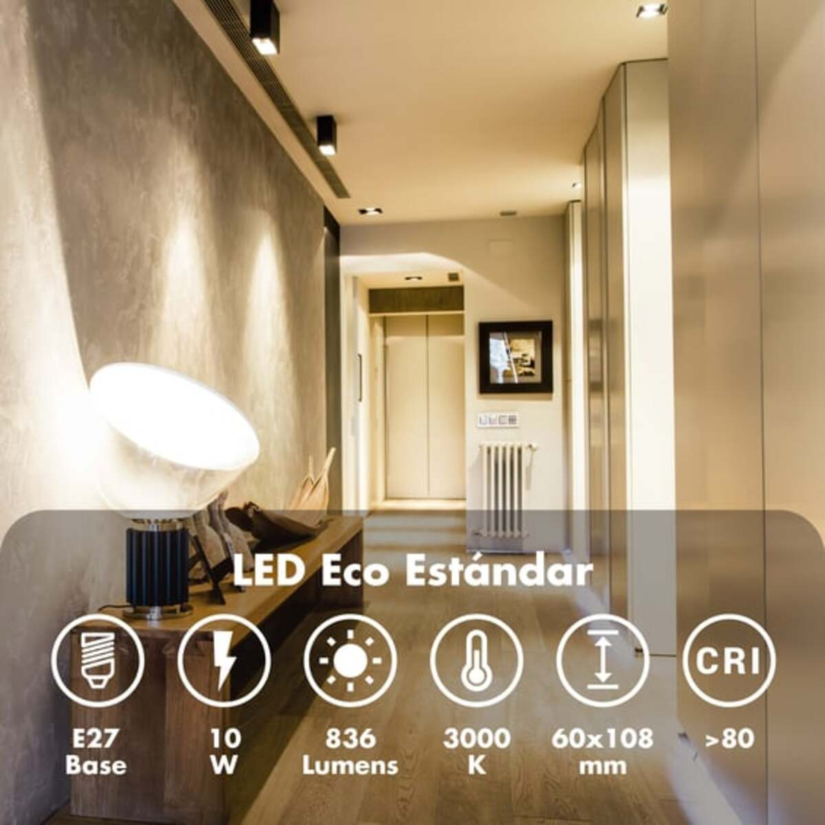 Una habitación con iluminación LED, mesa y especificaciones eléctricas.