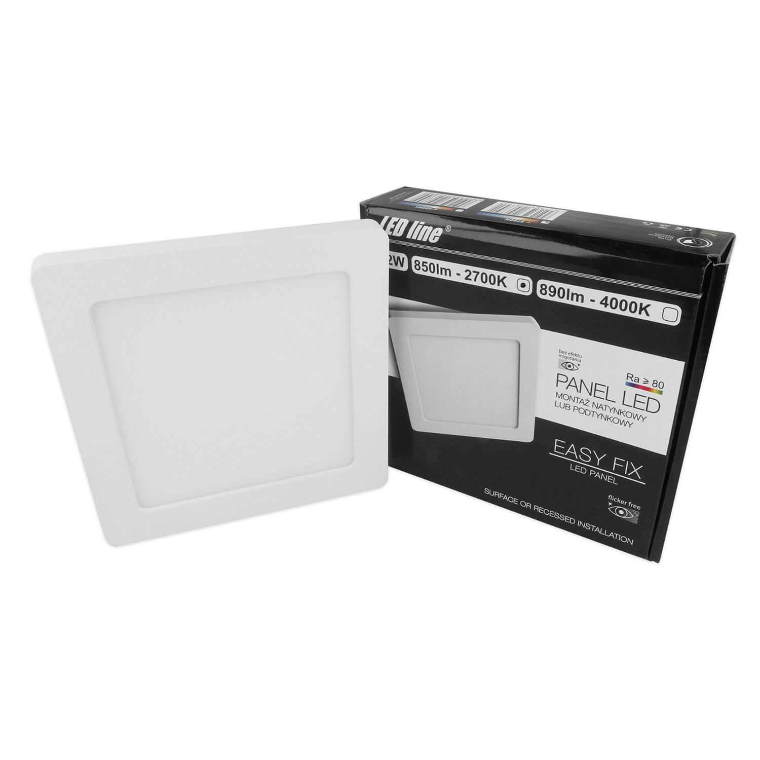 Ein weißes LED-Panel mit einer schwarzen Box auf weißem Hintergrund.