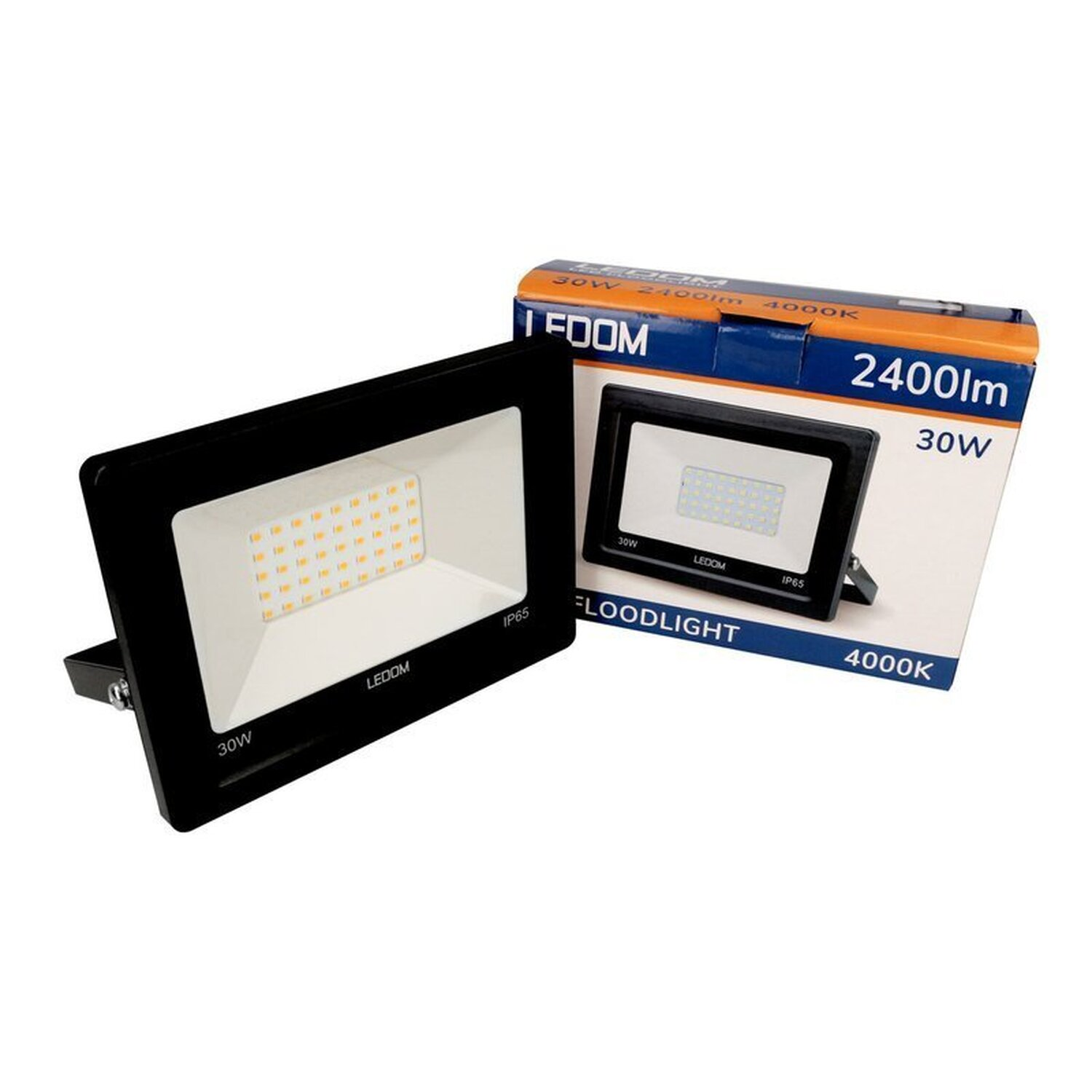Zwei schwarze LED-Flutlichter mit Kartons. Die Kartons zeigen Spezifikationen: 2400lm, 30W, 4000K, IP65.