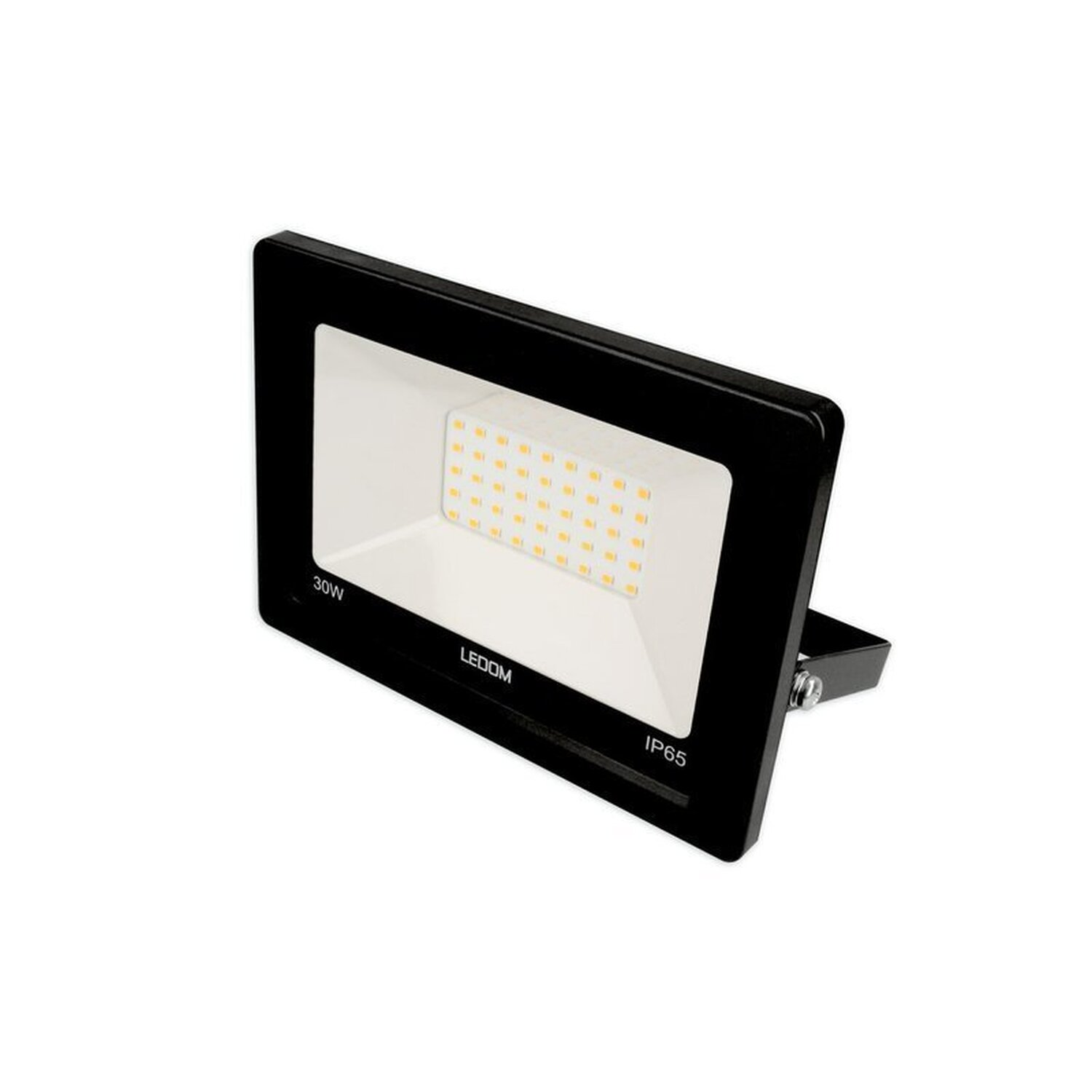 Schwarzer LED-Fluter mit weißer Lichtfläche. Es ist eine 30W LED mit IP65.
