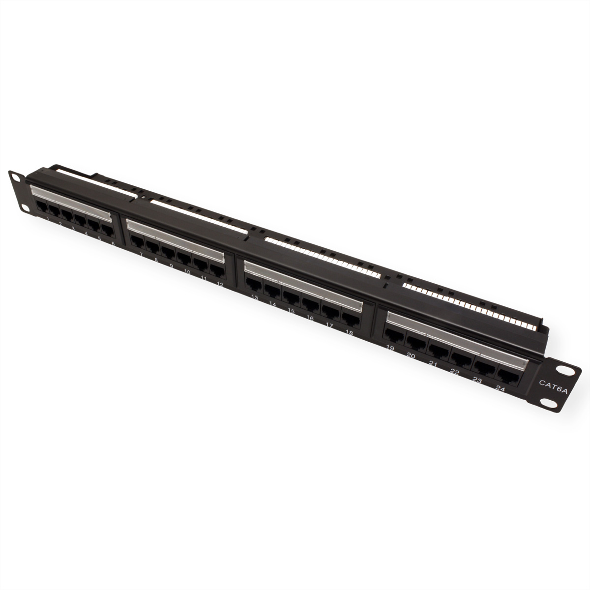 Schwarzes Patchpanel mit mehreren Ethernet-Ports und Rack-Mount-Design.