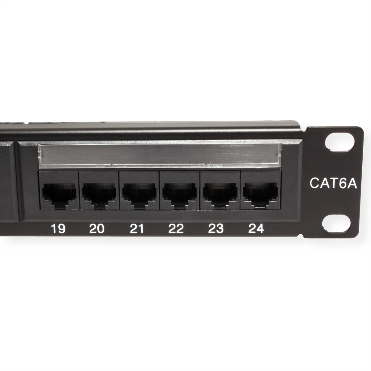 Schwarzes Netzwerkpanel mit sechs RJ45-Ports, nummeriert 19-24, CAT6A-Label.