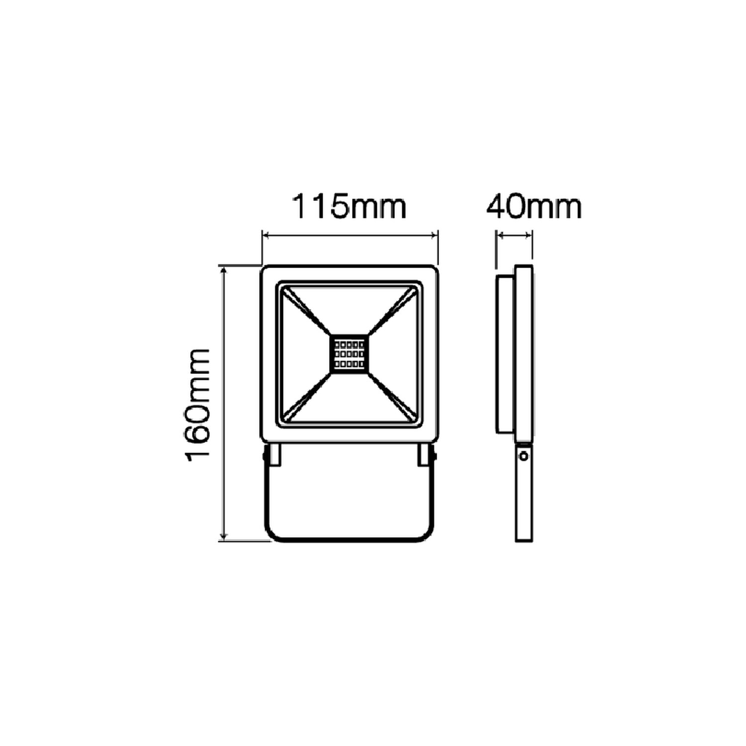 Diagramm mit Abmessungen und Details eines rechteckigen LED-Flutlichts.