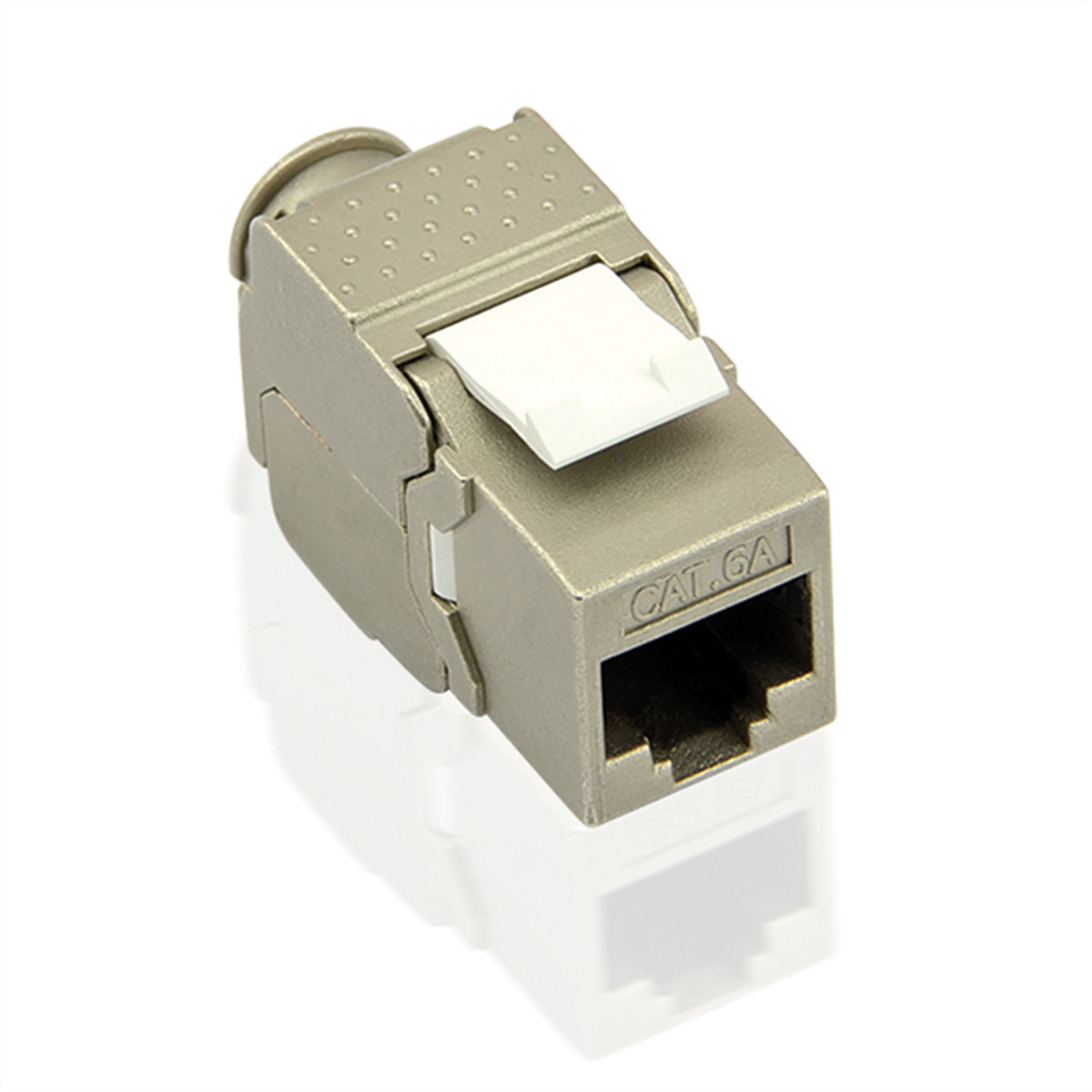 Silberner RJ45-Stecker mit weißem Kunststoffelement.