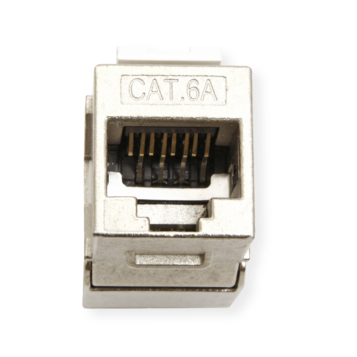 Ein silberner RJ45-Keystone-Anschluss, beschriftet mit 'CAT.6A', auf weißem Untergrund, isoliert.