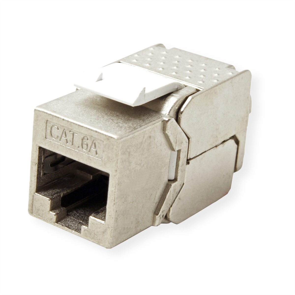 Ein silberner RJ45-Stecker mit einem weißen Kunststoffteil. Er liegt auf weißem Grund.