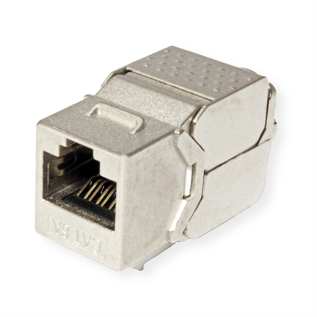 Silberner CAT6A-Netzwerkanschluss mit rechteckiger Form.