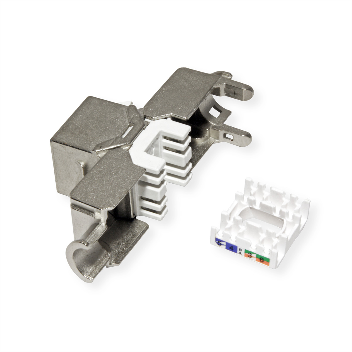 Silberfarbener Metallverbinder mit weißen Kunststoffteilen und einem weißen Stecker für ein Kabel.