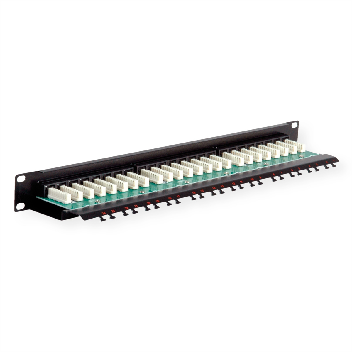Schwarzes Netzwerk-Patchpanel mit nummerierten Anschlüssen, auf weißem Grund.