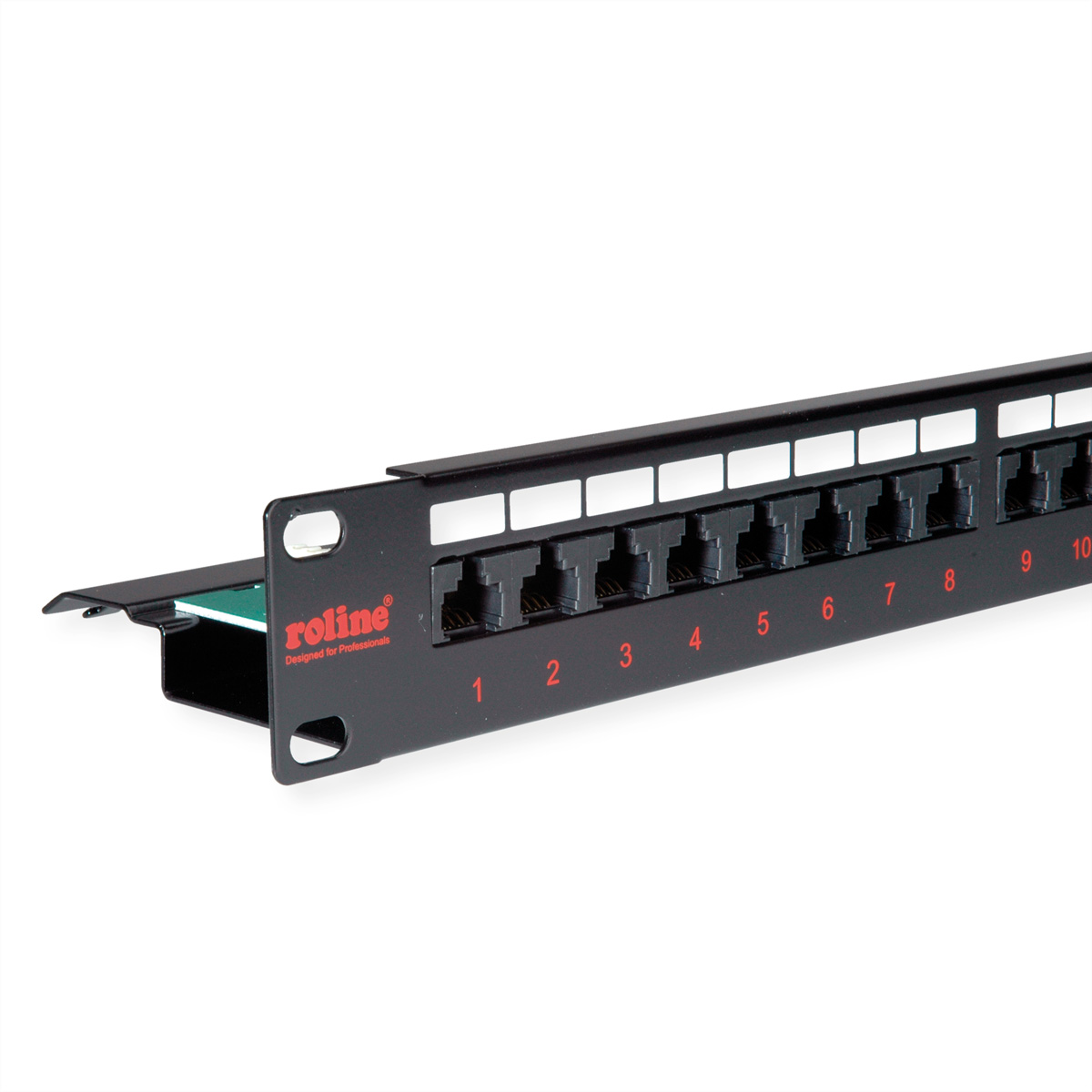 Schwarzes Patchpanel mit RJ45-Ports, beschriftet 1-10. 'Roline'-Logo sichtbar.