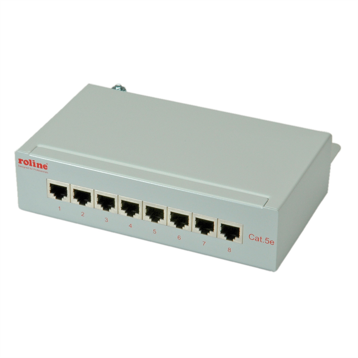 Ein grauer Netzwerk-Switch mit acht Anschlüssen, die mit 1-8 beschriftet sind. Text 'Cat.5e' ist drauf.