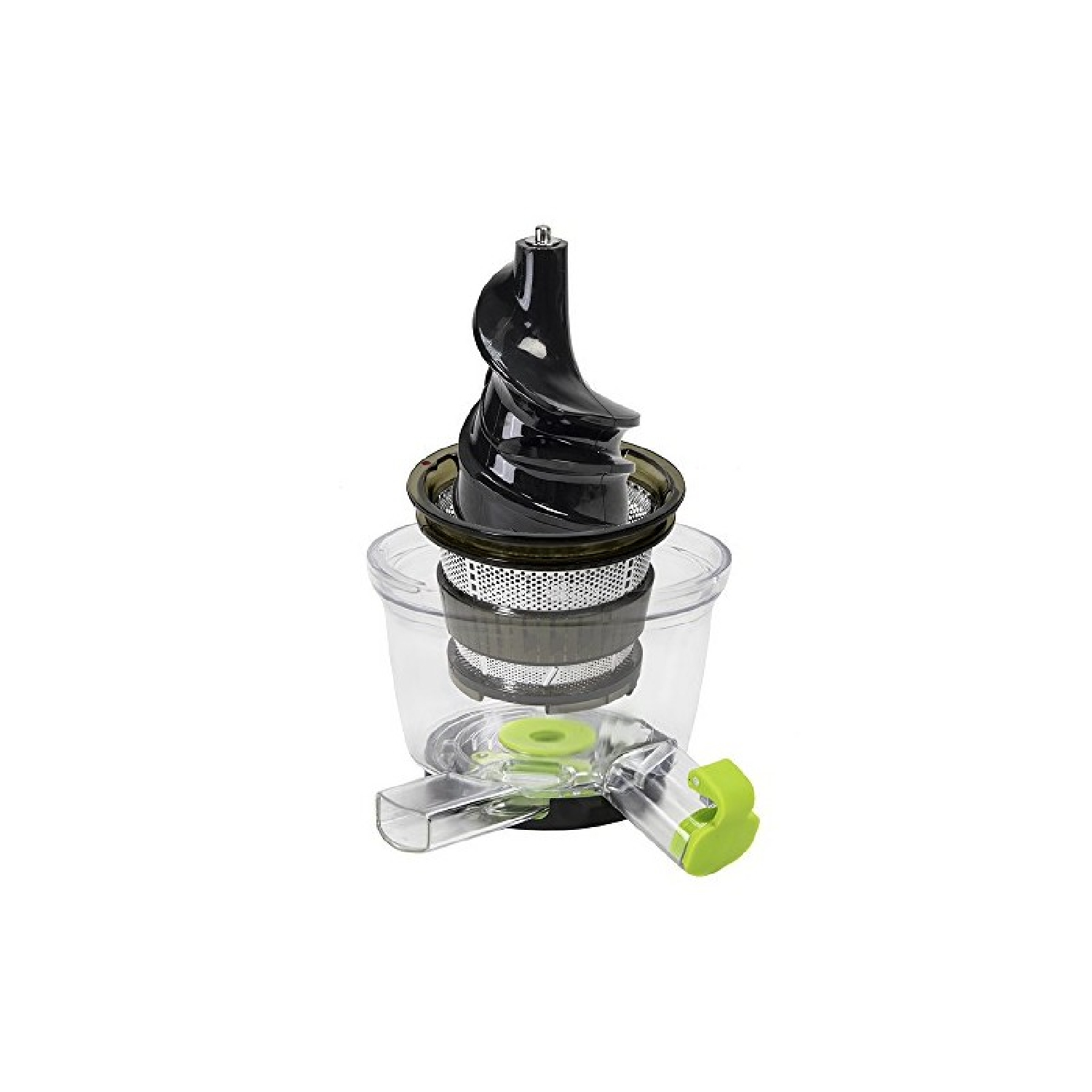 Partes de exprimidor: sinfín negro, recipiente transparente y boquilla verde y transparente, fondo blanco.