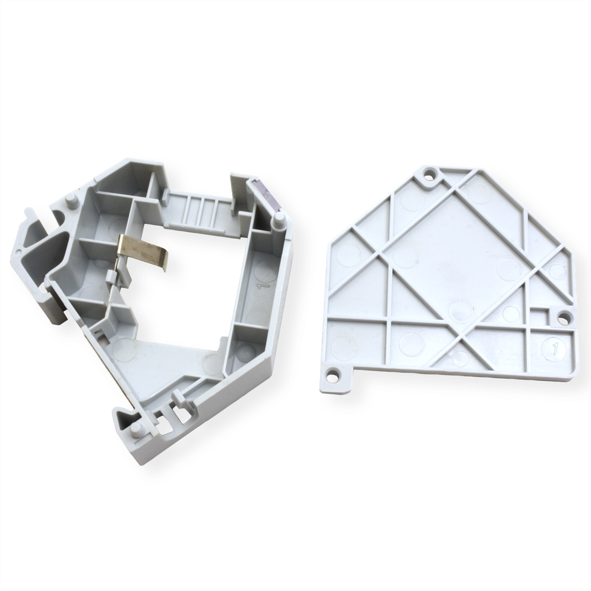 Zwei weiße elektrische Kunststoffkomponententeile. Eines hat einen Metallclip.