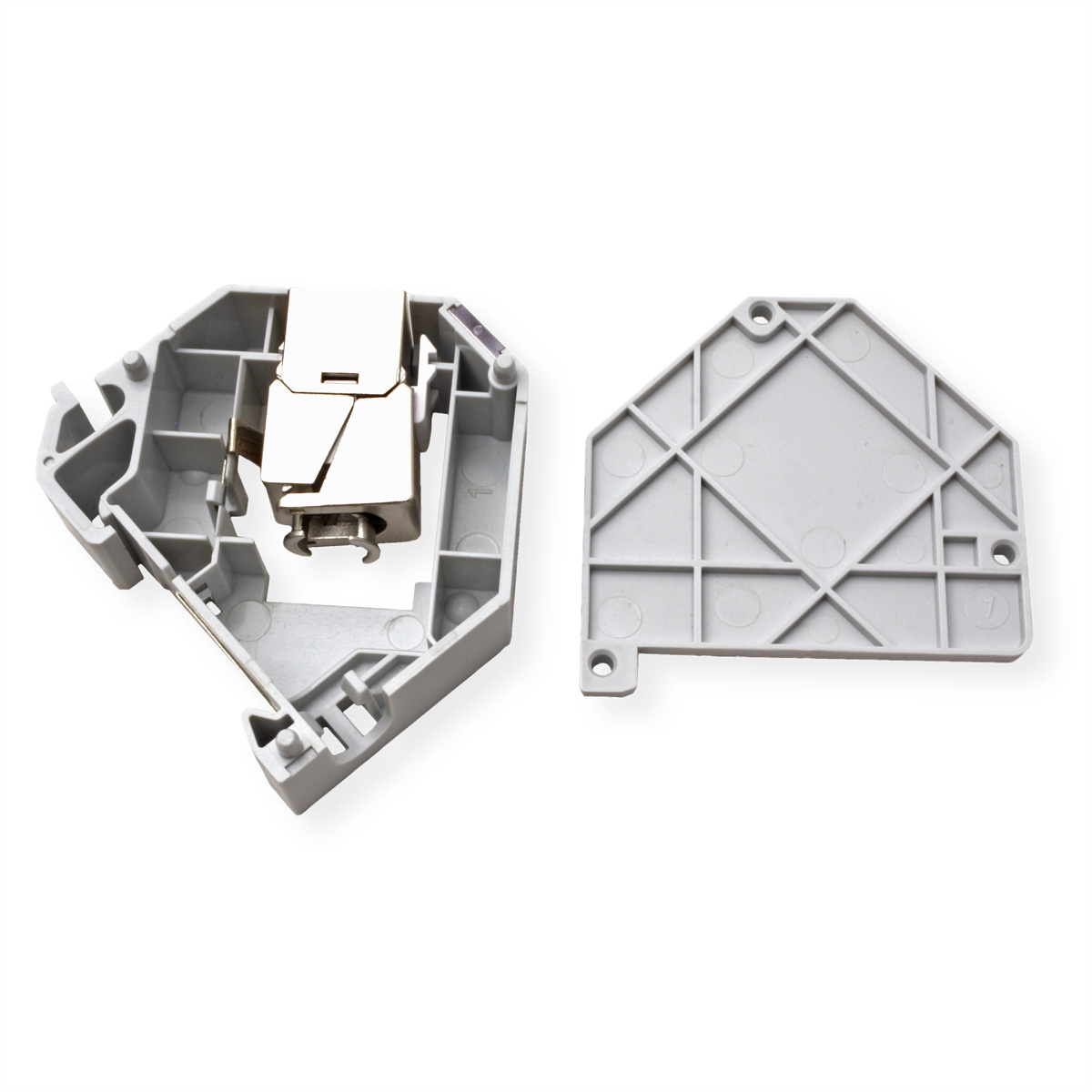 Grauer Kunststoff-Klemmenblock mit silbernem Metallteil und abgenommenem Deckel.