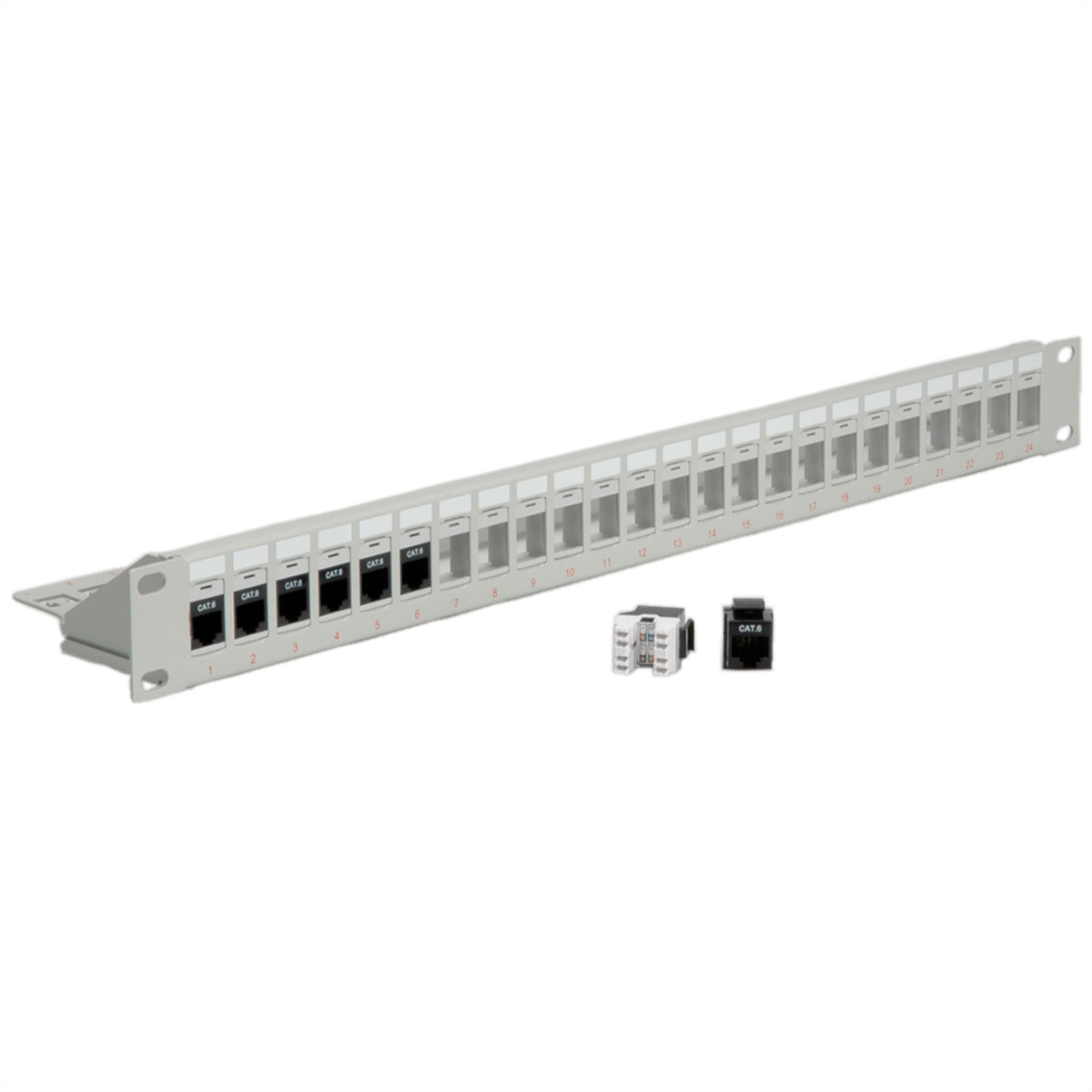 Netzwerk-Patchpanel mit nummerierten Anschlüssen und zwei RJ45-Anschlüssen.