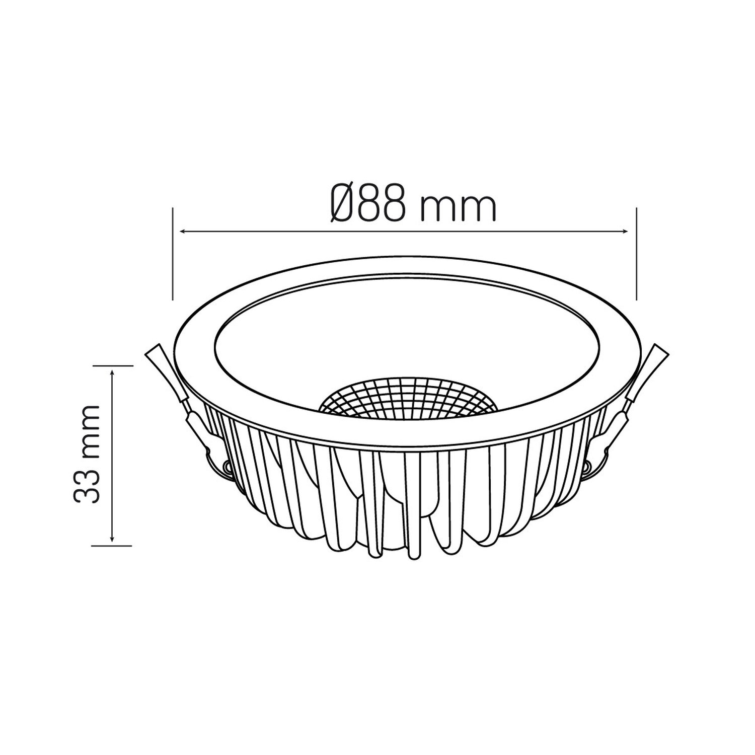 Strichzeichnung einer Einbauleuchte mit Abmessungen: 88mm Durchmesser, 33mm Höhe.