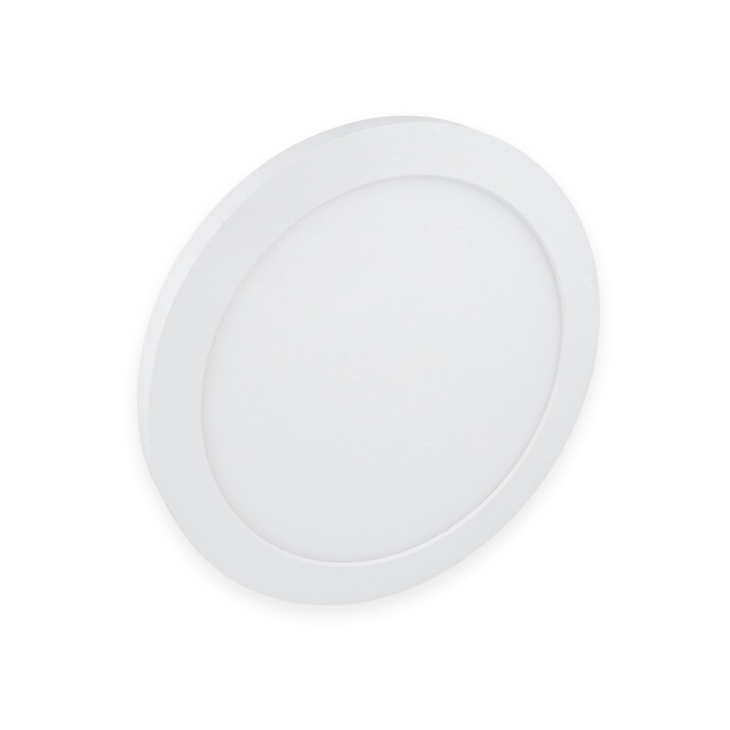 Weißes, kreisförmiges LED-Panel-Licht, isoliert auf weißem Hintergrund.