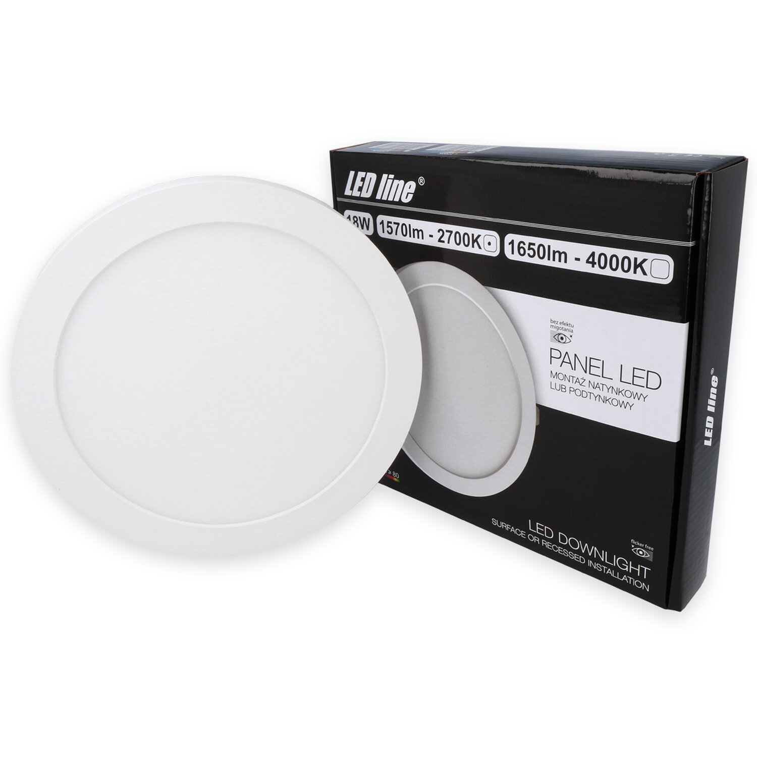 LED-Panelleuchte mit Karton, beide weiß, auf weißem Hintergrund.