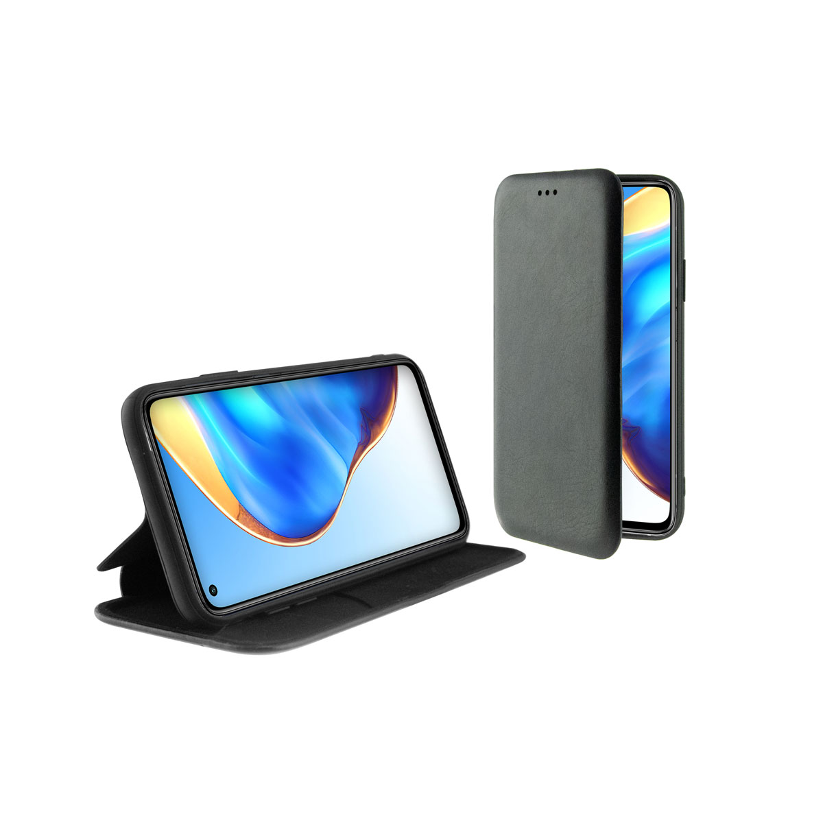 Funda negra de teléfono con teléfono. Funda abierta, pantalla visible. Funda con tres agujeros.