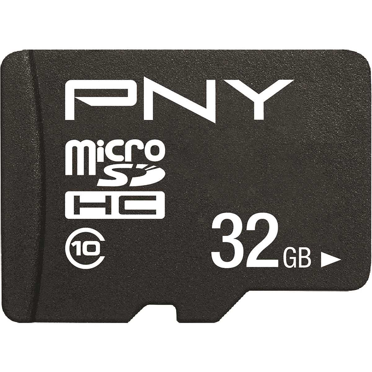Czarna karta PNY Micro SD. Tekst i logo są białe.