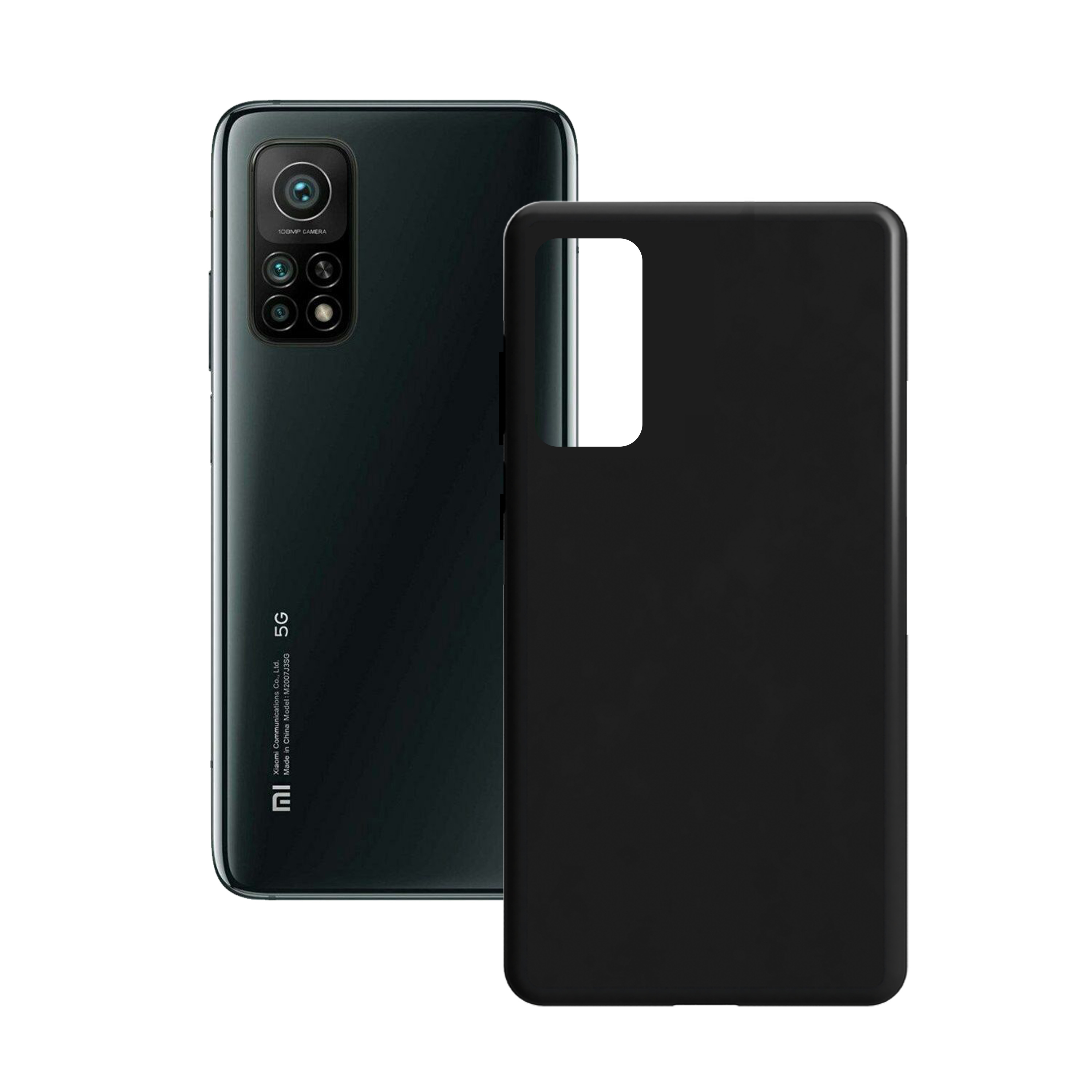 Teléfono Xiaomi negro con funda negra, de espaldas.