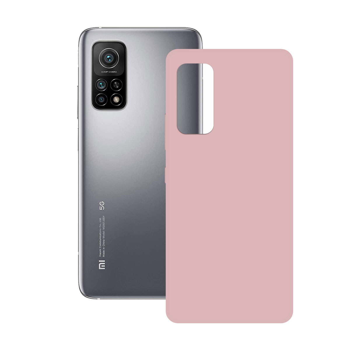 Funda rosa para teléfono junto a un smartphone gris. Fondo blanco.