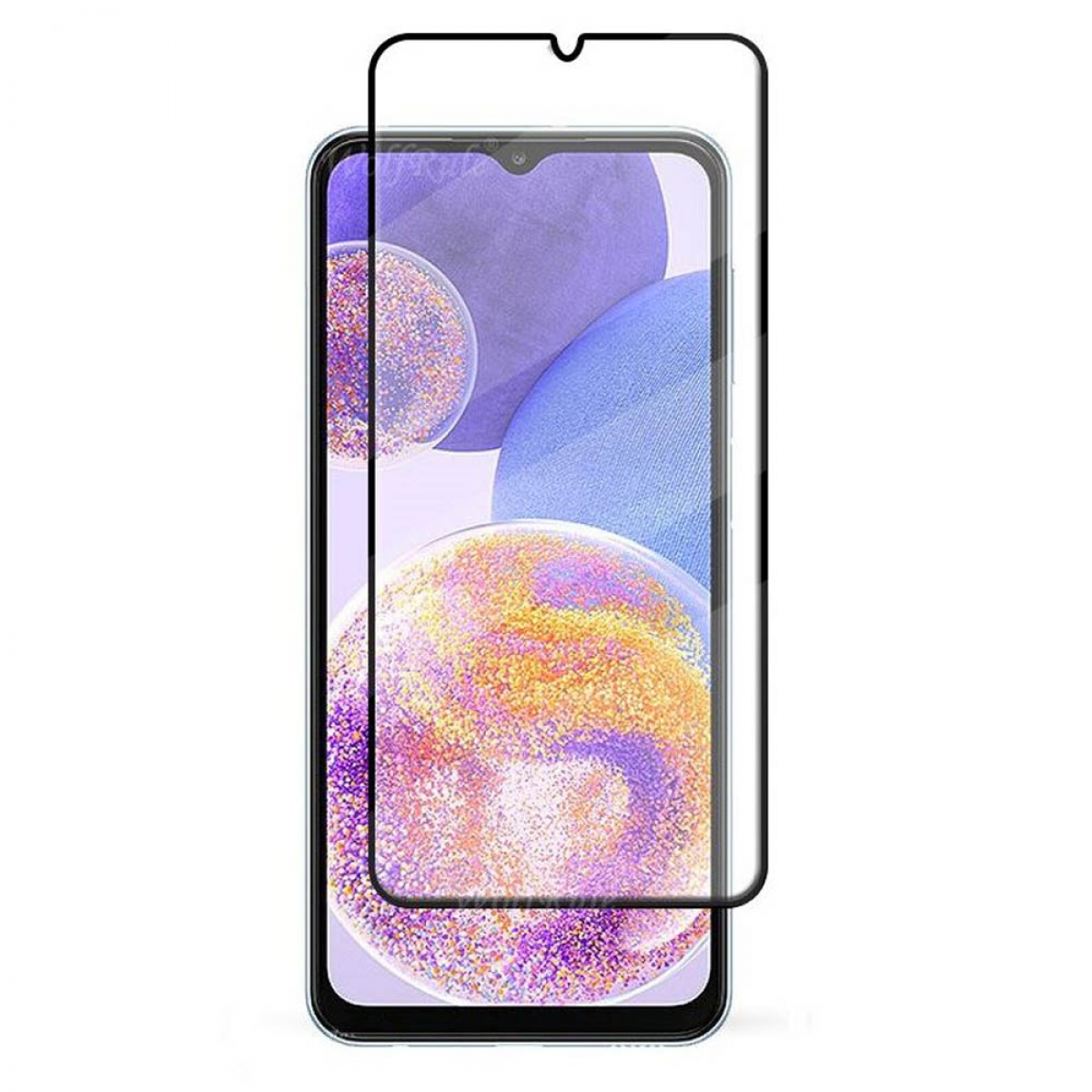 Telefon mit angebrachtem Displayschutz. Es hat bunte Kugeln auf dem Bildschirm.
