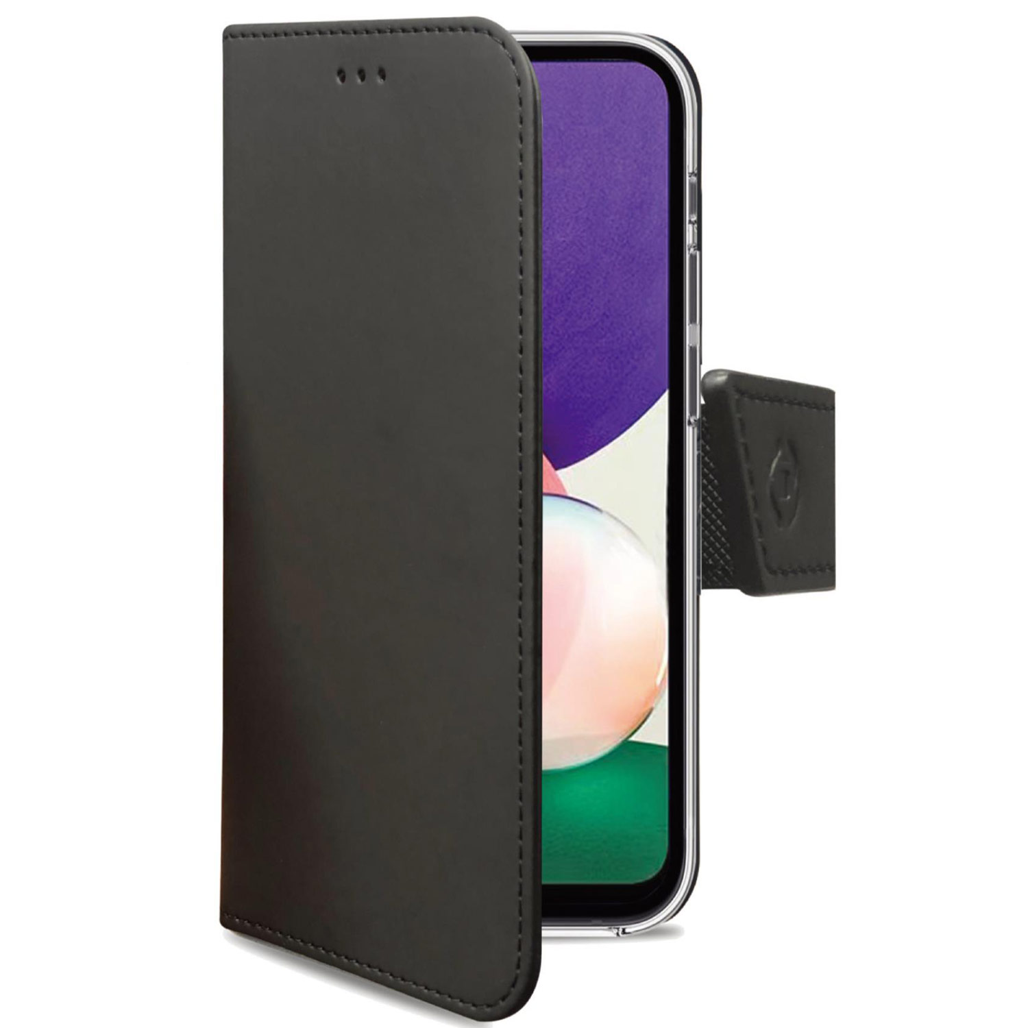 Custodia per telefono nera. Il telefono è dentro, con la custodia aperta. Il telefono è viola.