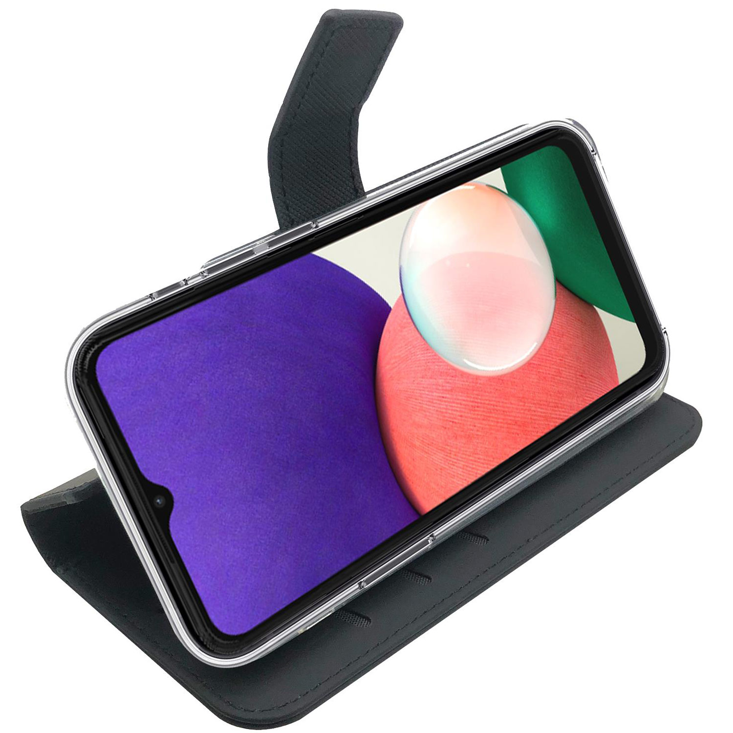 Telefono nero in una custodia. Lo schermo mostra viola e rosso. Custodia aperta.