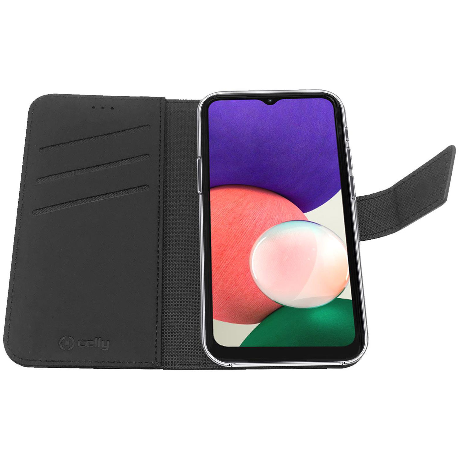 Una custodia nera con telefono dentro. Il telefono ha uno schermo con colori viola, rossi e verdi.