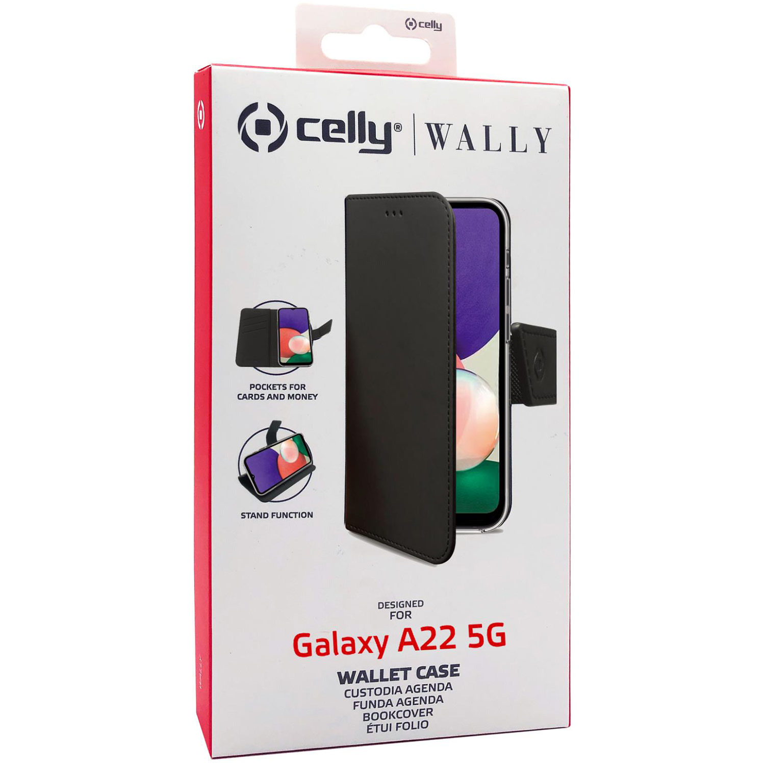 Custodia a portafoglio Celly Wally nera per telefono Galaxy A22 5G. Ha tasche e funzione stand.