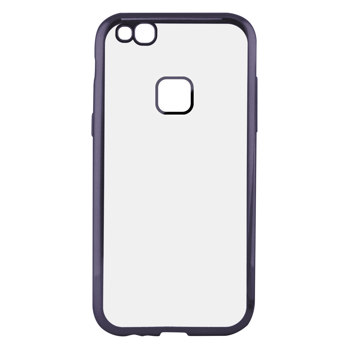 Funda de teléfono morada, transparente, con recorte para la cámara.