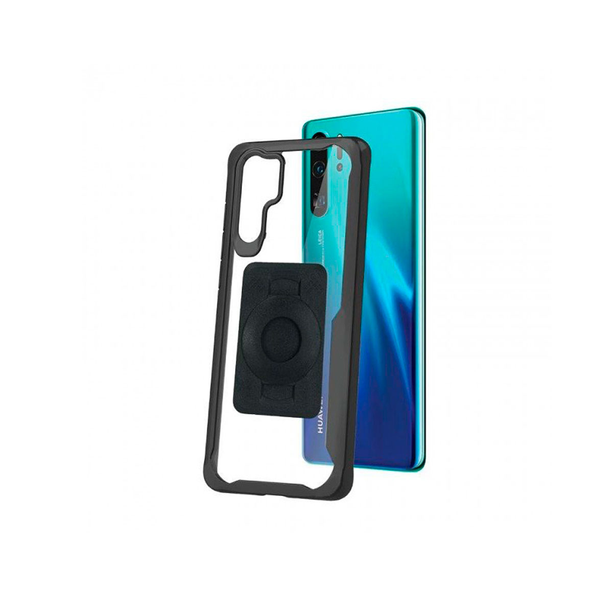 Telefono con custodia. La custodia è trasparente con anello nero.