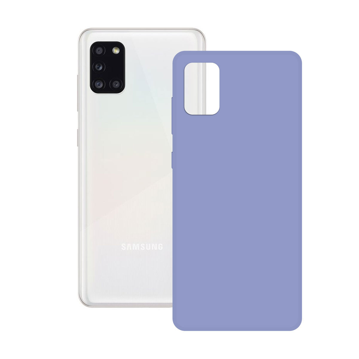 Un telefono bianco e una custodia lavanda sono su una superficie bianca.