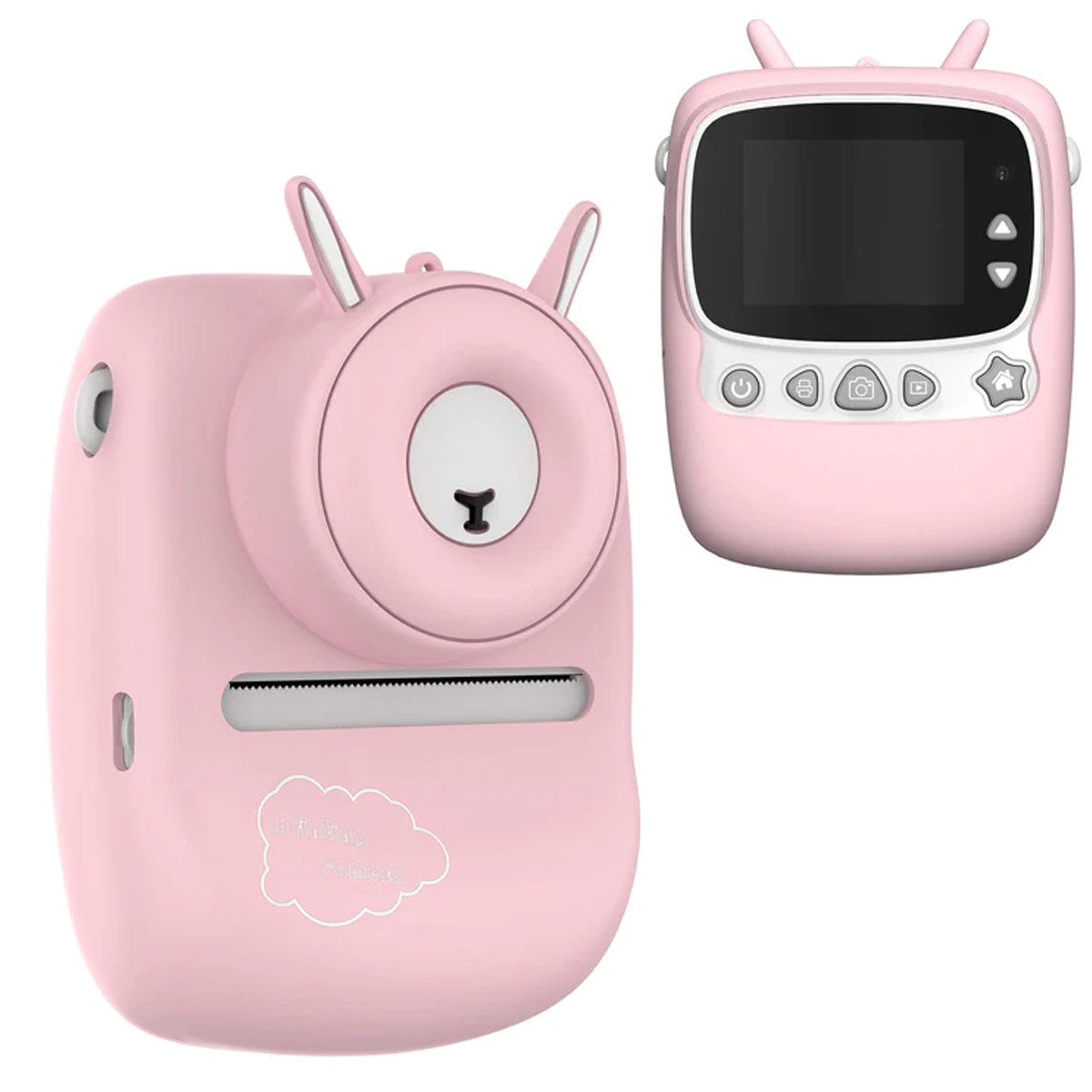 Eine rosa Sofortbildkamera in Hasenform mit Digitalanzeige und Knöpfen.