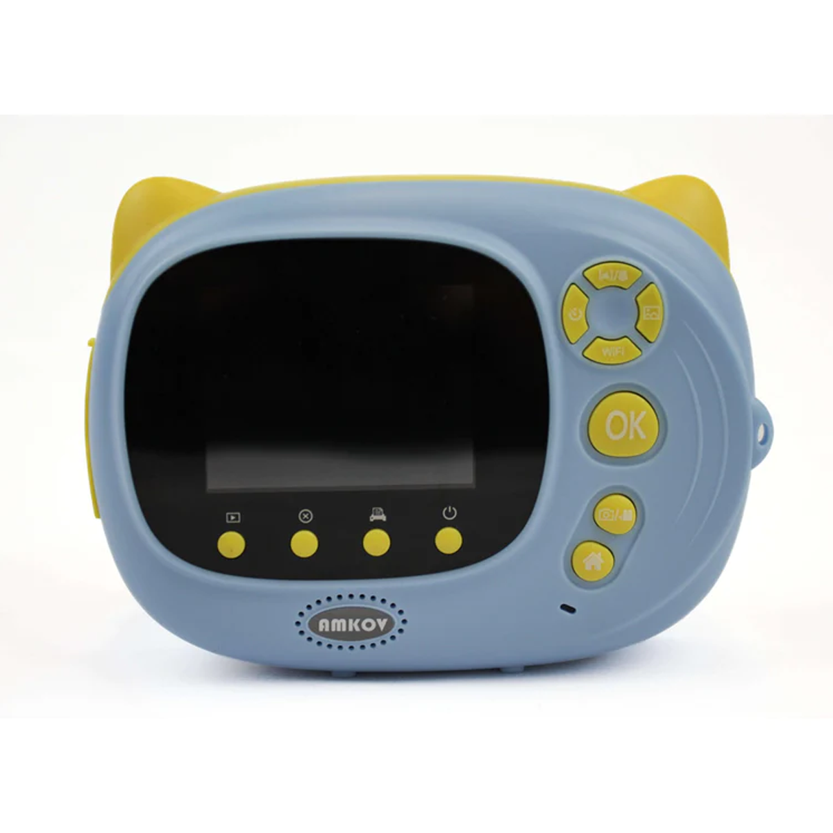 Eine blau-gelbe, katzenförmige Digitalkamera auf weißem Hintergrund.