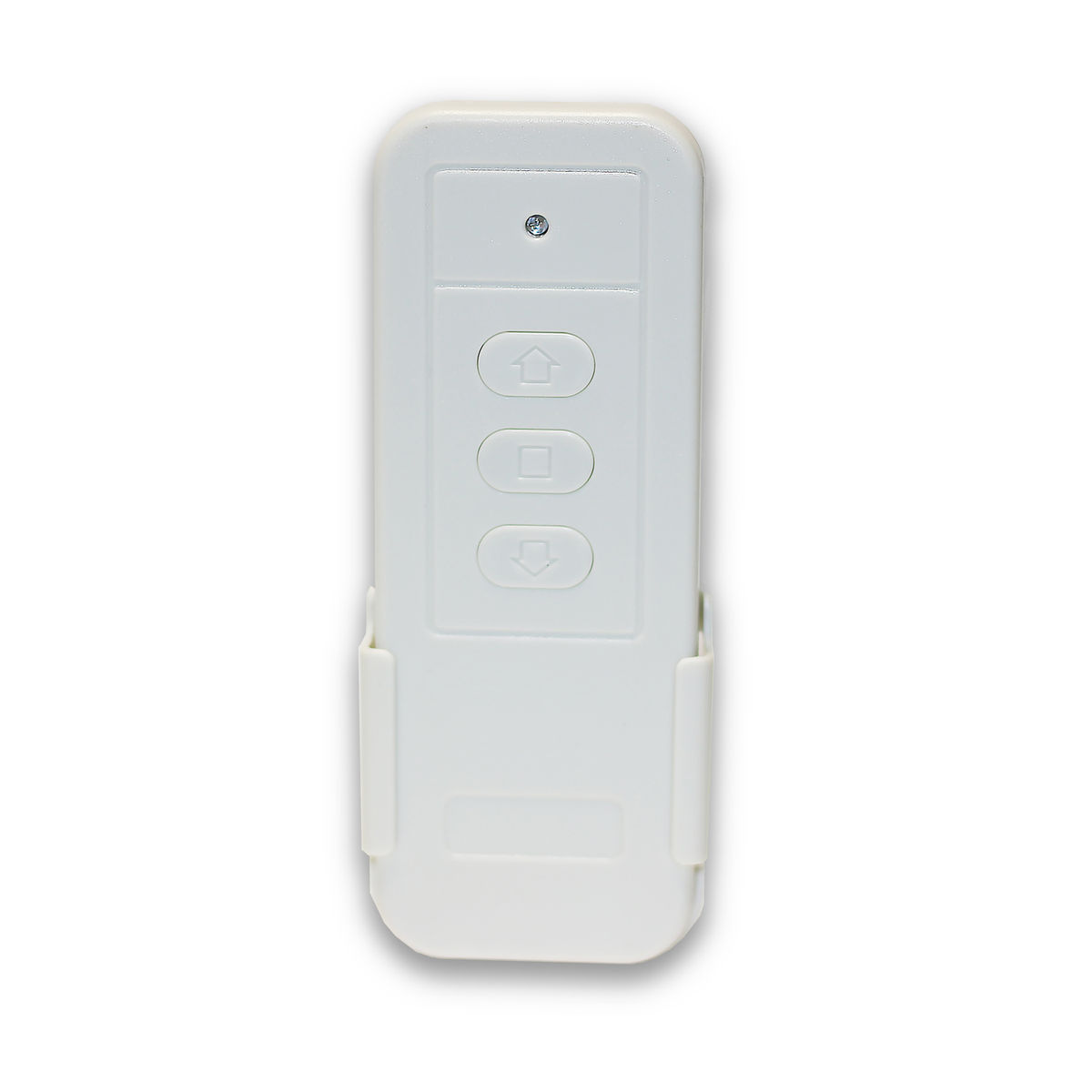 Un telecomando bianco con tre pulsanti e una luce. Lo sfondo è bianco.