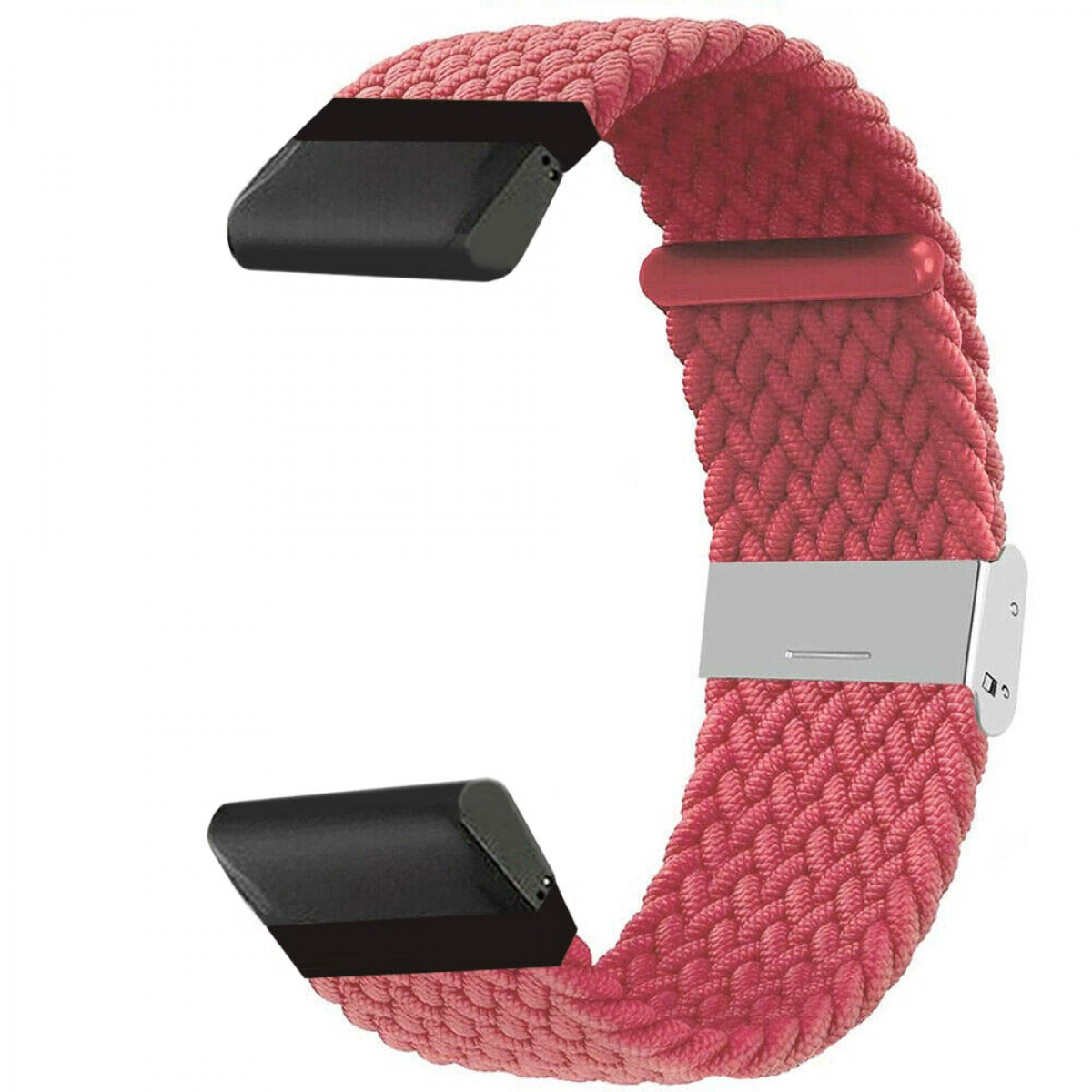 Rotes gewebtes Uhrenarmband mit schwarzen Anschlüssen und silberner Schnalle, freigestellt.