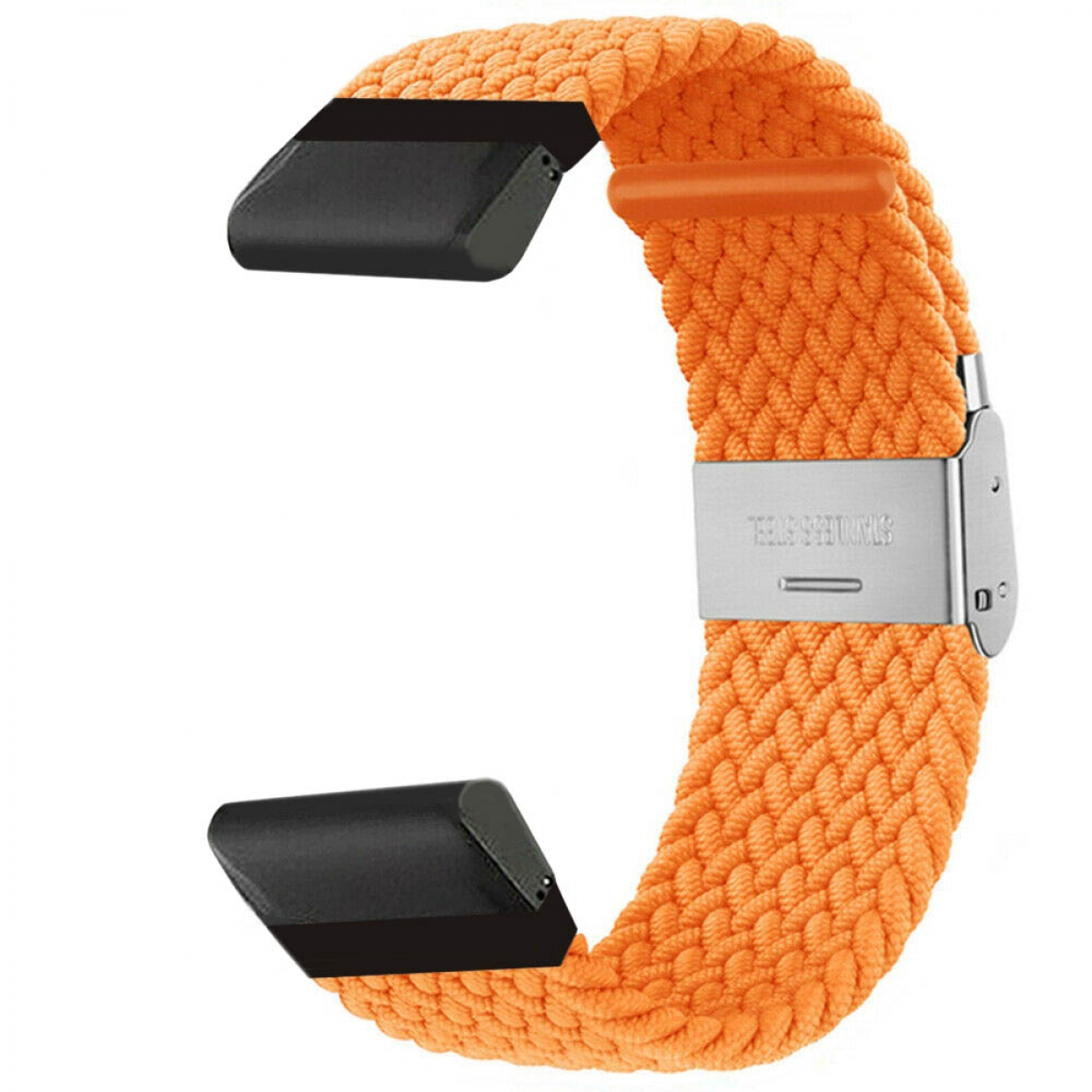 Ein orangefarbenes gewebtes Uhrenarmband mit schwarzen Anschlüssen und einer Edelstahlschließe.