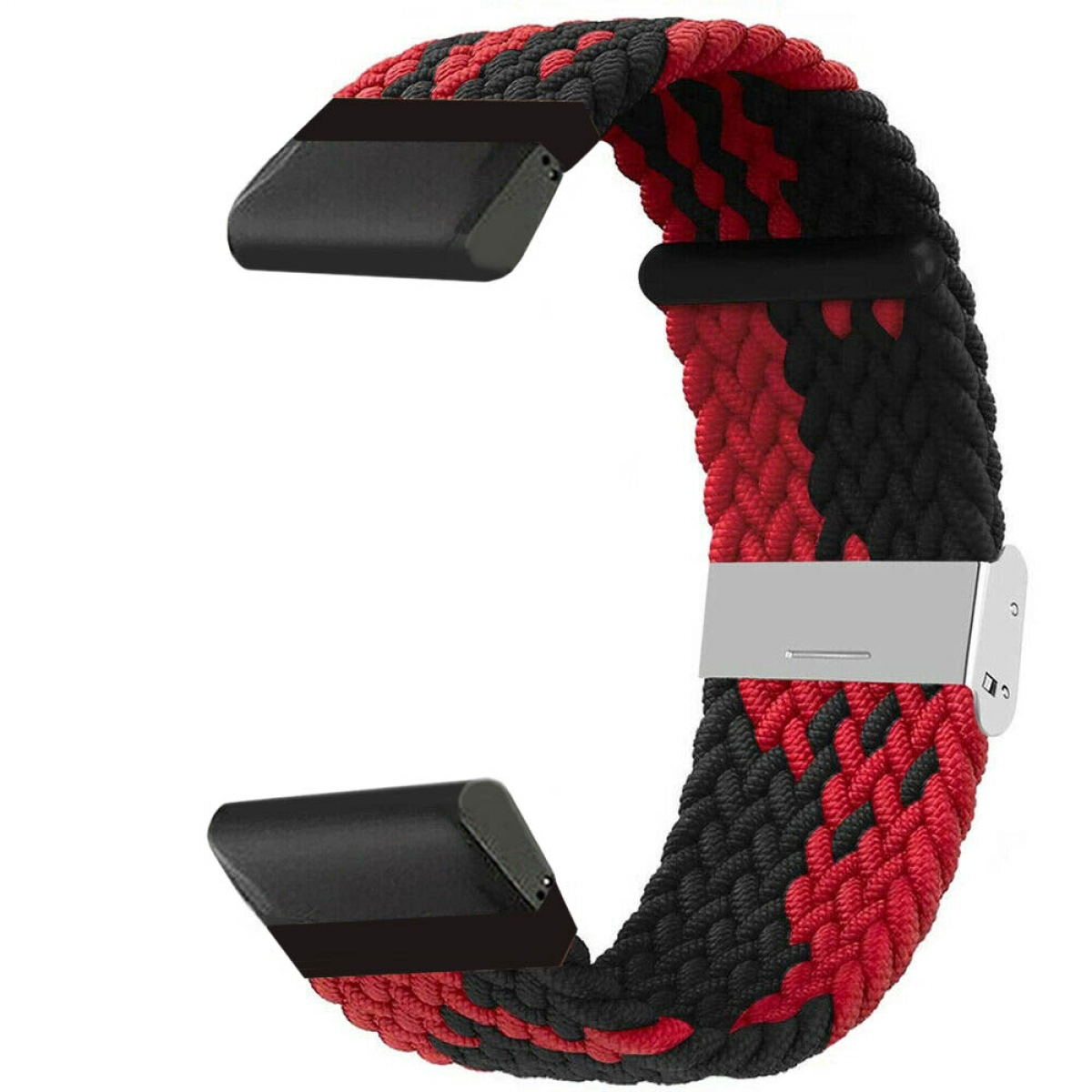 Ein mehrfarbig geflochtenes Uhrenarmband mit mehreren Bildern der Schließe und der Werkzeuge.
