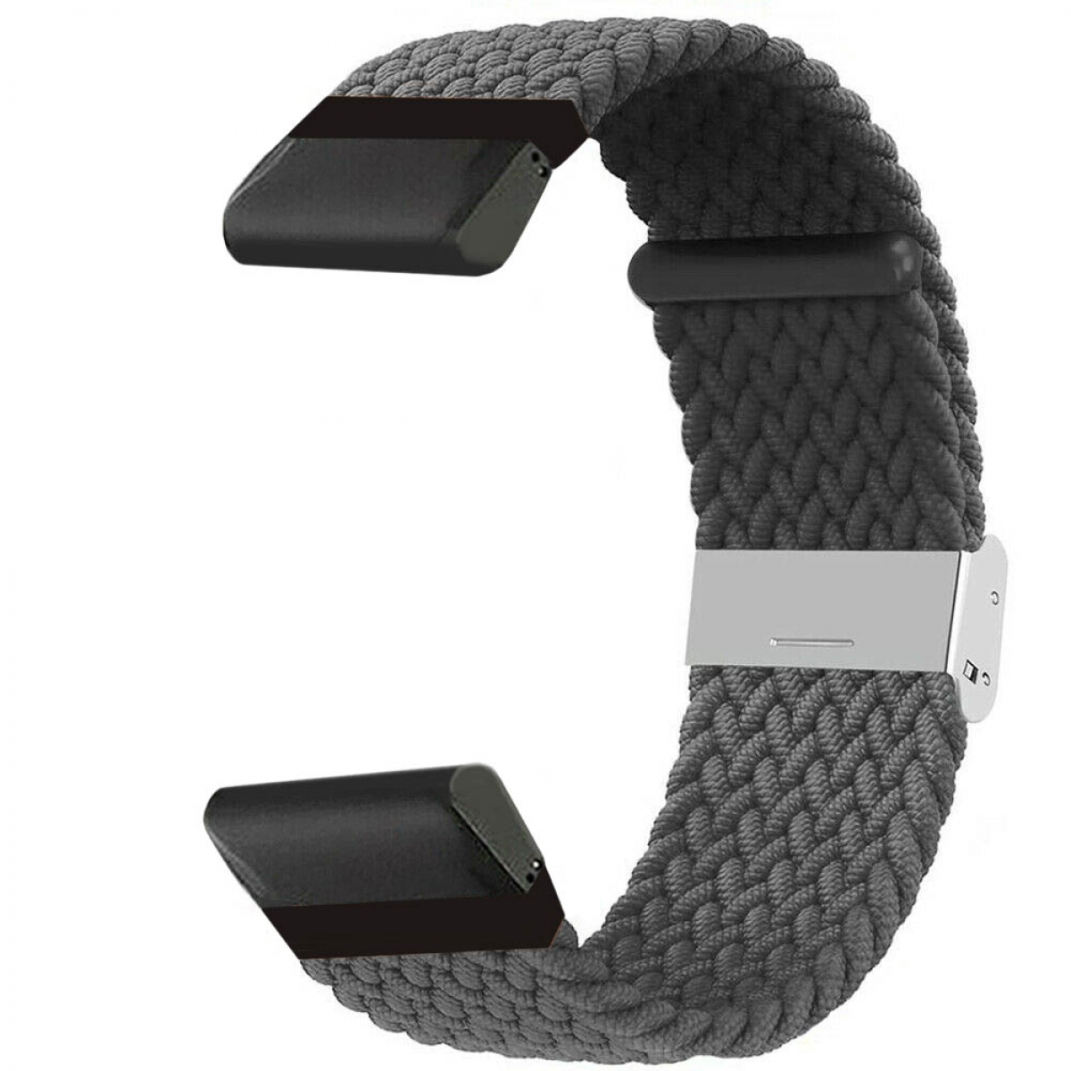 Graues geflochtenes Uhrenarmband mit schwarzen Anschlüssen und Edelstahlschließe.
