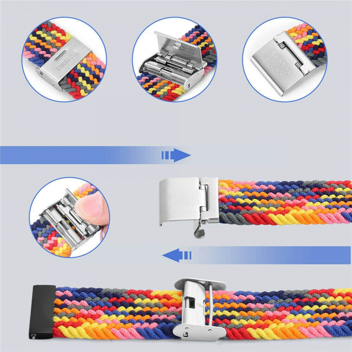 Ein mehrfarbiges Uhrenarmband mit Verschluss und Werkzeugen, auf blauem Hintergrund.