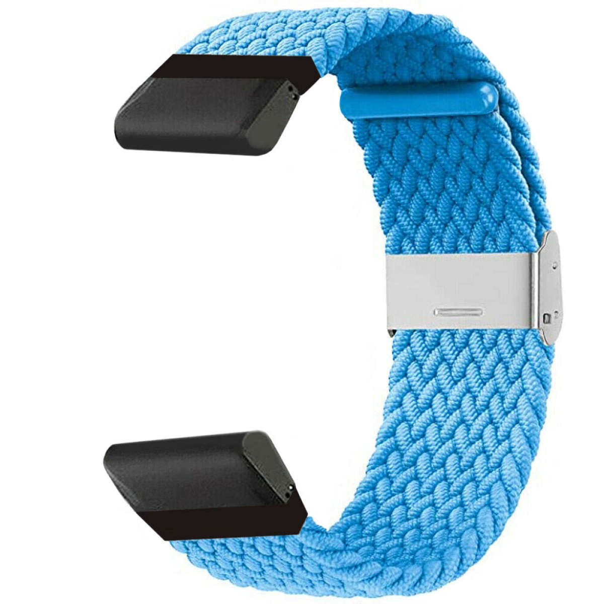 Blaues gewebtes Smartwatch-Armband. Schwarze Anschlüsse und silberne Schließe. Weißer Hintergrund.