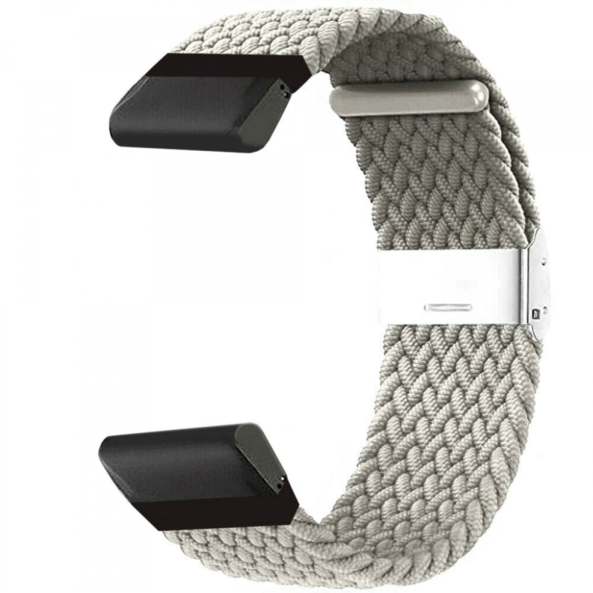 Graues und schwarzes Smartwatch-Armband mit Webmuster und Edelstahlverschluss.
