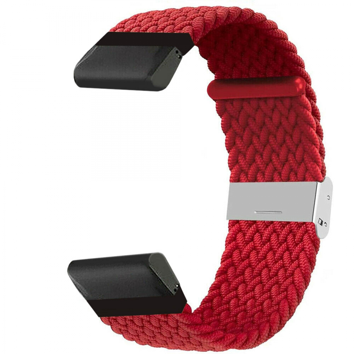 Ein rotes geflochtenes Uhrenarmband mit schwarzen Anschlüssen und einer silbernen Schließe. Auf weißem Hintergrund.