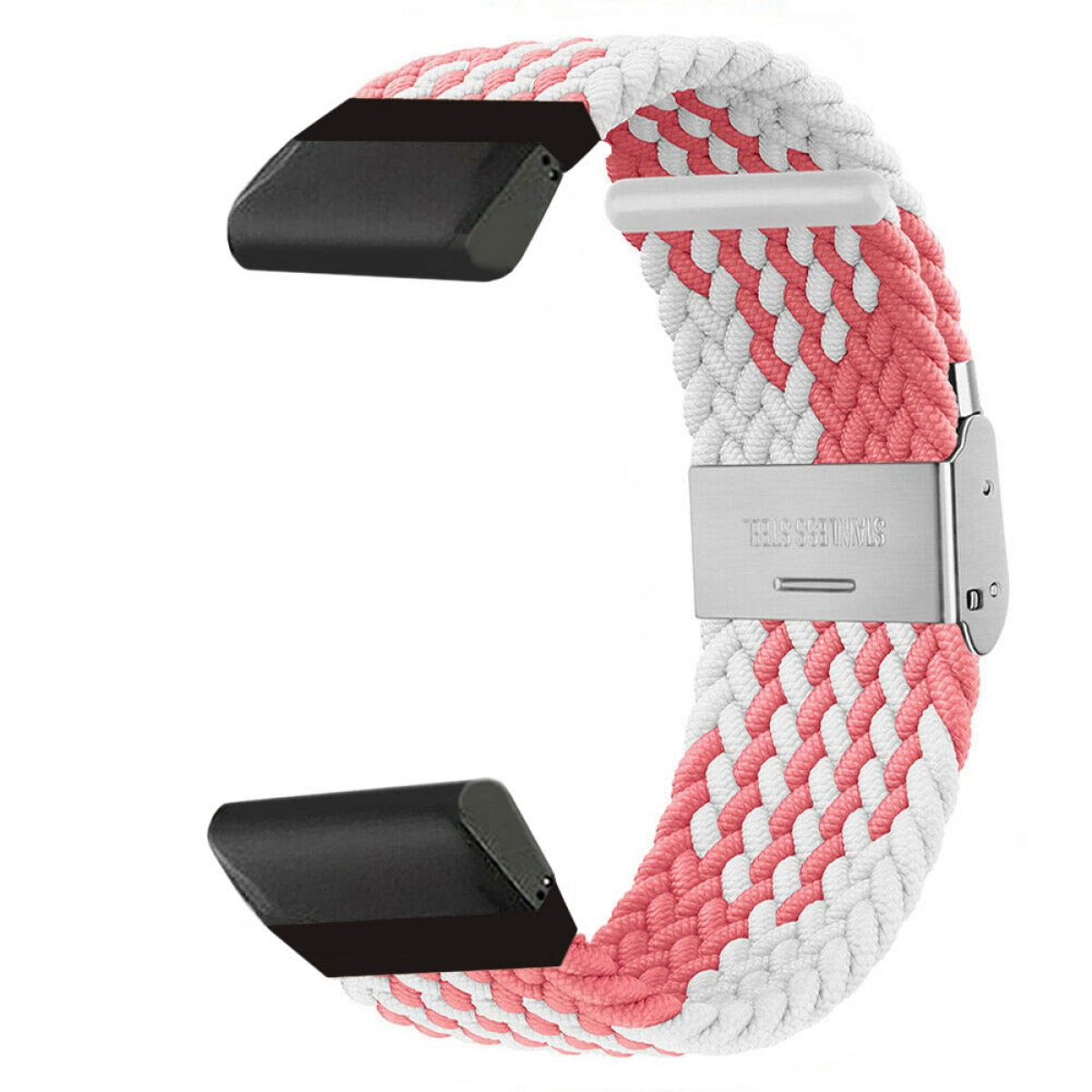 Armband mit rosa und weißem Gewebe, mit Edelstahlverschluss und schwarzen Anschlüssen.