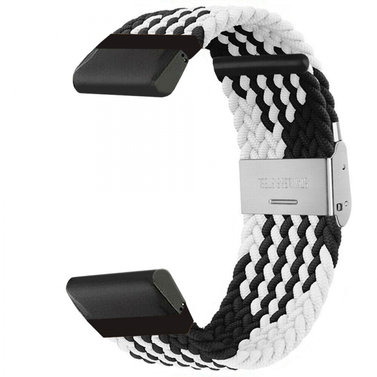 Ein schwarz-weiß geflochtenes Uhrenarmband mit schwarzen Anschlüssen und Stahlschließe.