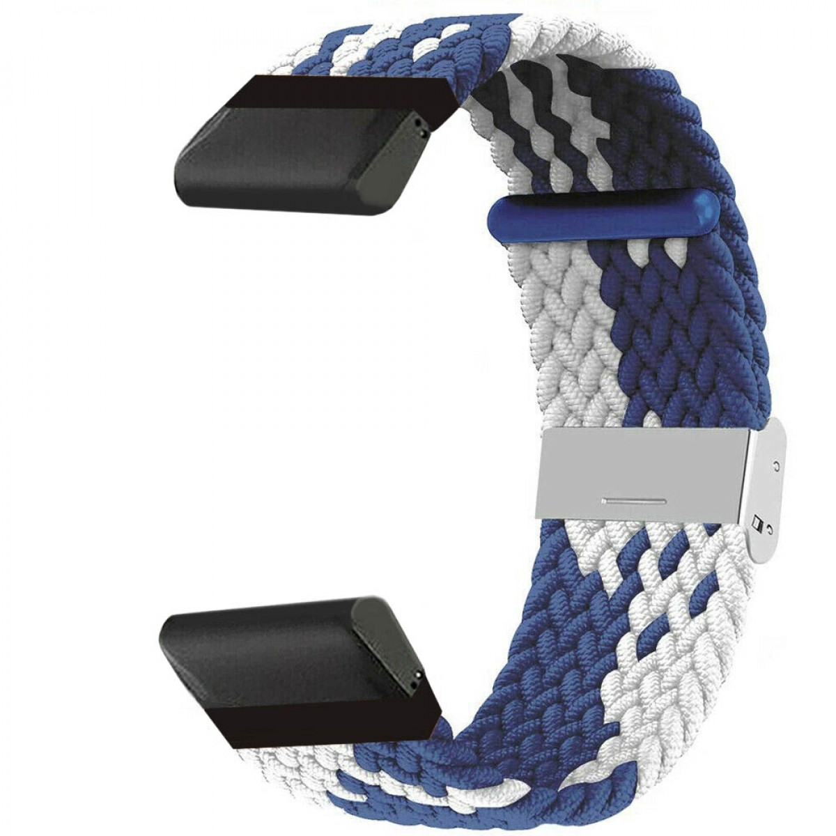 Uhrenarmband, blau-weißes Webmuster. Silberner Verschluss. Schwarze Anschlüsse.