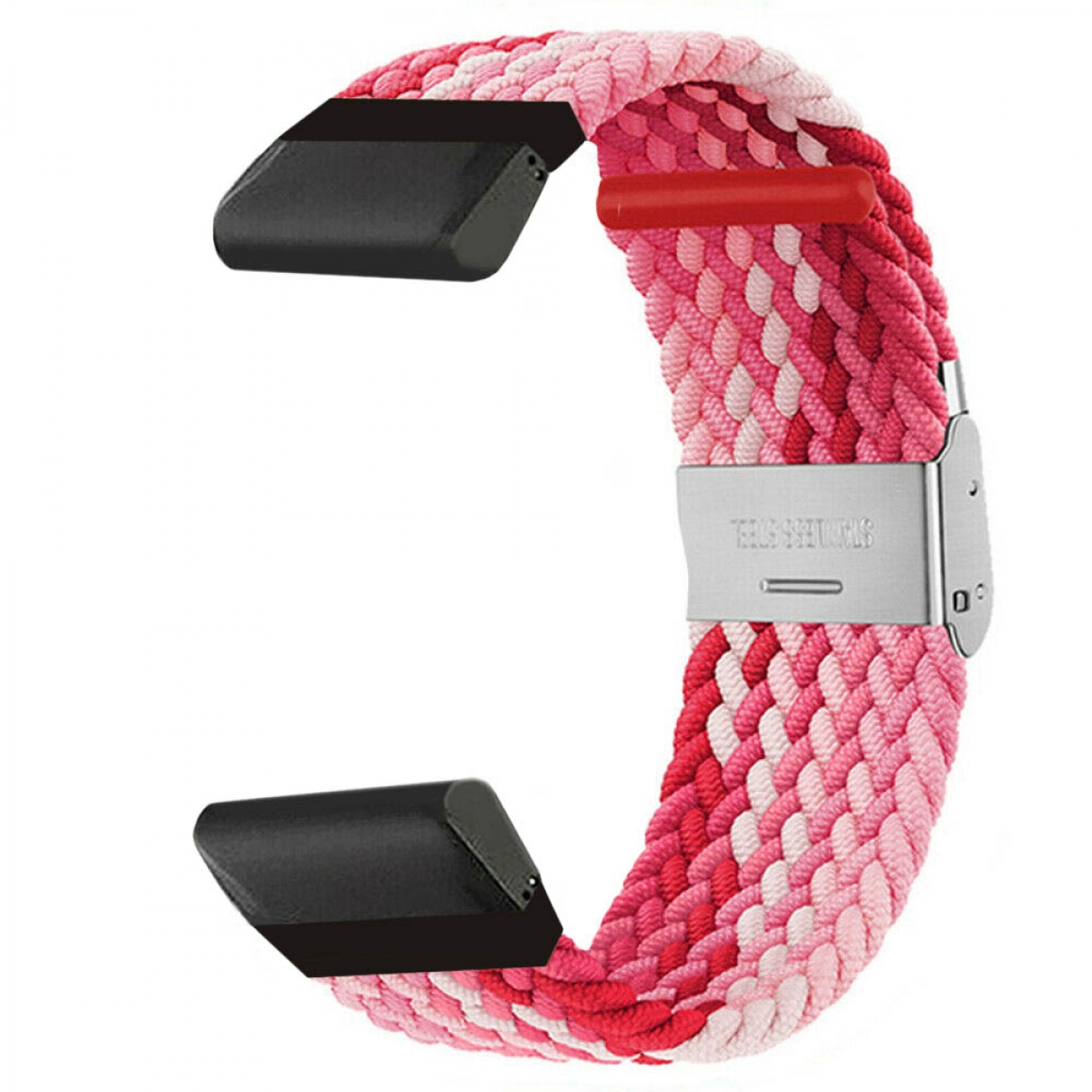 Geflochtenes rosa-rotes Uhrenarmband mit Edelstahlverschluss und schwarzen Anschlüssen.